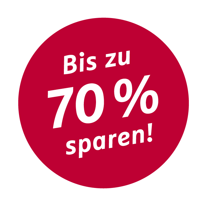 Ein roter Kreis mit weißem Text: "Bis zu 70% sparen".